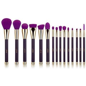 Bswefty Borstels 15 stks Paars/Donkerviolet Make-up Borstels Set Poeder Foundation Oogschaduw Eyeliner Lip Contour Concealer Smudge (Handvat Kleur: T114 15STKS)