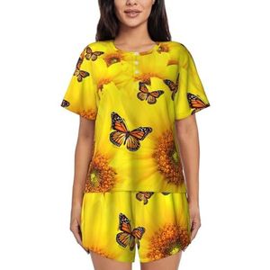 Gele Bloemen Vlinders Print Vrouwen Pyjama Sets Shorts Korte Mouw Lounge Sets Nachtkleding Casual Pjs Met Zakken, Zwart, 3XL