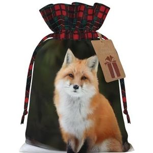 OPSREY Grappige vos bedrukte herbruikbare kerstcadeauverpakking tas met trekkoord geschenkzakje