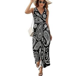 Zwart Wit Paisley Patroon Casual Maxi Jurk Voor Vrouwen V-hals Zomer Jurk Mouwloze Strandjurk M