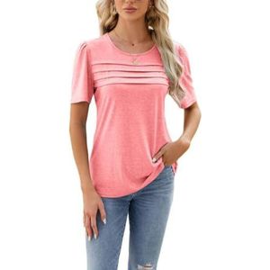 HHuiXinXue Dames zomer mode T-shirts tops ronde hals korte mouw ruches T-shirt elegant Unicoloured, roze, XXL