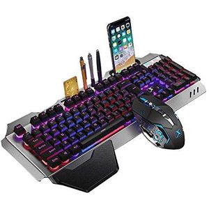 LexonTech 2.4G Mechanisch Feel Oplaadbaar Draadloos Toetsenbord en Muisset, 3000 mAh Capaciteit, LED Backlit Metalen Paneel Waterdicht Ergonomisch USB Gaming Toetsenbord Anti-Ghosting+ 2400 DPI 6 Knoppen Gaming Mouse