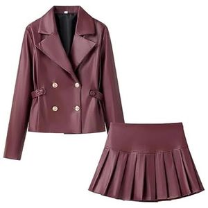 MLSHWUG Dames Fall Street-Style PU Revers Gevoerde Getailleerde Cropped Jas Leren Geplooide Mini Rok Set,Burgundy,M