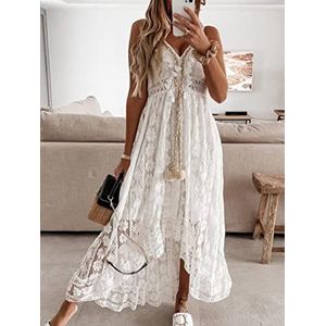 Boho Jurk Vrouwen Zomer Maxi Jurk Dame Off Shoulder Vakantie Kant V-hals Spaghetti Band Zonnejurk Witte Jurk-Wit, XXL