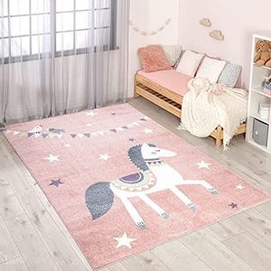 carpet city Tapijt kinderkamer diermotief - roze - 120x160 cm - kindertapijt laagpolig met paard, wimpel - zachte pool