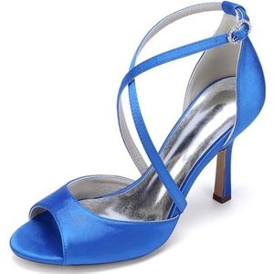 EICOFF Vrouwen Hoge Hak Open Teen Bruiloft Schoenen Dames Satijn Enkelband Verstelbare Gesp Pompen Bruids Partij Jurk Avondsschoenen,Royal blue,37 EU