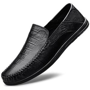 Loafers for heren Ronde neus Krokodillenprint Leren jurk Loafers Bestand met platte hak Antislip Buiten Casual Slip-on (Color : Black, Size : 42 EU)