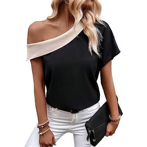 dames topjes Colorblock blouse met asymmetrische hals en vleermuismouwen (Color : Noir, Size : XL)