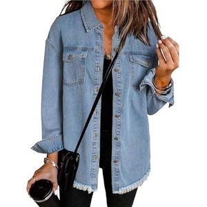 KIHFSODN Jeansjas voor dames, spijkerjas met knopen, western herfstjasje met zakken, boyfriend jasje met versleten look(Light blue,XXL)