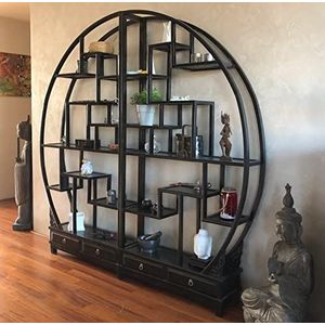 OPIUM OUTLET Oosterse ronde plank, hoekplank, wandplank, ruimteverdeler, boekenkast, kast, kast, bruiloftskast, meubels, vitrine, open rond, Chinees Aziatisch, vintage (zwart)