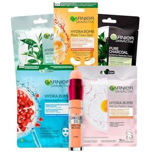 Garnier 3 x gezichtsmaskers van Hydra Bomb granaatappel The Green Kamille + 1 x plantaardig koolmasker + 1 x anti-vermoeidheid oogmasker + 1 x vloeibare correctie voor het verwijderen van leeftijd 02