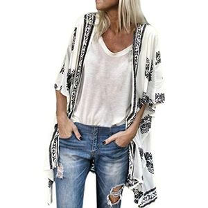 Kanpola Strandkimono, dames, boho, oversized, chiffon, zomerjas, korte mouwen, licht, casual, los, bloemen, kort, cardigan, cover-up, beachwear, 11, wit, 48