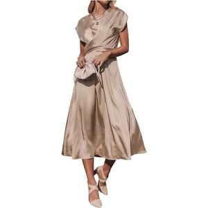 Midi-jurk met Ronde Hals, Satijnen Ruches, Elastische Hoge Taille Bruiloftsfeestjurken(Color:Apricot,Size:M)
