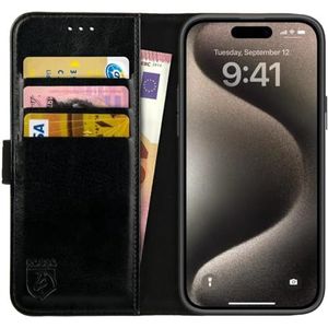 Rosso Element Book Case Wallet Hoesje Geschikt voor voor iPhone 15 Pro Max | Portemonnee | 3 Pasjes | Magneetsluiting | Stand Functie | Zwart