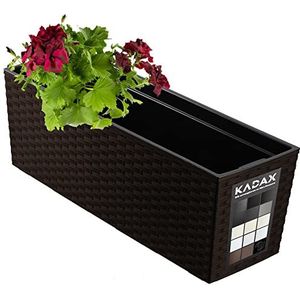 KADAX Bloembak van kunststof, 18,5 x 56 cm, plantenbak met inzetstuk, weerbestendige balkonbak, rechthoekige bloembak, bloempot voor buiten, rotan patroon, mokka
