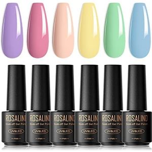 ROSALIND Uv-nagellak, pastel, 6 kleuren, mini-gelnagellak, zomerkleuren, set, macaron, roze, paars, geel, groen, blauw, Soak Off nagellak, makron, gelnagels, lente en zomer