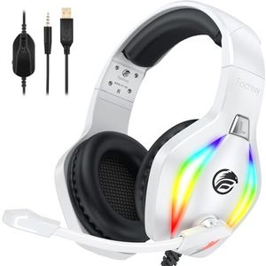 Fachixy FC100 Gaming Headset voor PS4, PS5, PC, Xbox, Nintendo Switch, koptelefoon met kabel en RGB licht, koptelefoon met microfoon, ruisonderdrukking Gamer koptelefoon - WIT