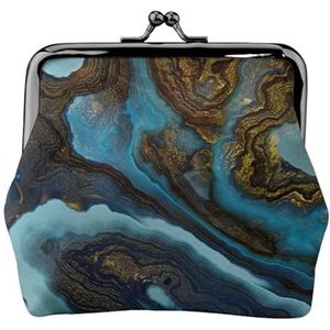 Abstracte Vloeibare Marmer Blauw Gouden, Lederen Portemonnee Portefeuilles Lederen Verandering Pouch Met Kiss Lock Sluiting Gesp Veranderen, zoals afgebeeld, Eén maat, Munt Pouch