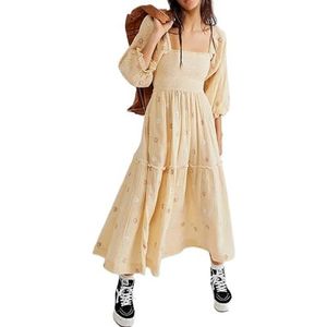 Maxi-jurk met bloemenborduursels, elegante vierkante hals, lantaarnmouwen, gelaagde vloeiende herfstjurk, strand, boho, maxi-jurk, Beige, S