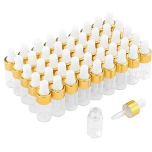 Parfumlism 50 stuks mini-druppelflesjes lege glazen flesjes met gouden deksels, parfummonsters voor etherische oliën, lichaamsolie en vloeistoffen (3 ml)