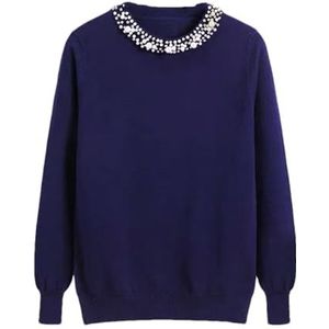 Damestrui Met Strass, Slim Fit Ronde Hals en Gebreide Trui Met Kralen(Royal Blue)