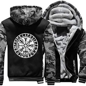 Nordic Heren Pluche Trui Rits Hoodie, Viking Gedrukt Vegvisir Rune Tattoo Totem Winter Warme Kleding Streetwear Sweatshirt Jas,H,XL