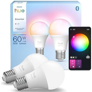 Philips Hue Essential Smart LED A60 lamp, wit en kleur Ambiance, B22 Base, 8W, 2200K-6500K, 806 lumen, dimbaar, werkt met Alexa, Google Assistant en Apple Home, 2 stuks