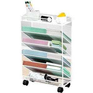 Rollende Boekenplank Met Wielen, Tijdschriftenrek Met Grote Capaciteit, Boekenplankorganizer, Verwijderbare Metalen Praktische Rollende Organizer, Mobiele Boekenplank Archiefwagen (Color : White, Si