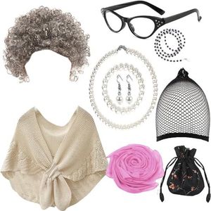 Diarypiece Oude Dame Cosplay Set Voor Vrouwen Volwassen Oma Pruiken Bril Kunstmatige Ketting Oorbellen Oma Kostuum Voor Party Cosplay Kostuum Pak