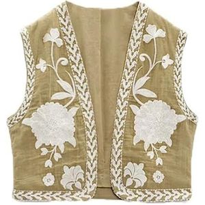 Dames vintage geborduurd vest crop topY2K mouwloos boho bloemenprint vest vintage open voorkant linnen gilet uitloper (kleur: kaki, maat: M)