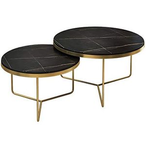 JAVPTAV Set van 2 nestelende salontafels, stapelkamer accenttafels met marmeren textuur en metalen frame, cirkel bijzettafel voor kamer (kleur: zwart, maat: 45 x 37 cm + 60 x 45 cm)