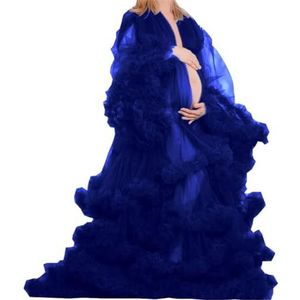 Lange Mouw Geplooide Moederschap Tule Gewaad Voor Fotoshoot Zwangere Badjas Pure Lingerie Nachtjapon AH151, koningsblauw, 32