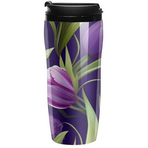 Paarse Tulp Bloemen Bloem Gedrukt Koffie Mokken Geïsoleerde Reizen Mok Herbruikbare Water Cup met Deksel voor Thuis Outdoor 9oz /12oz