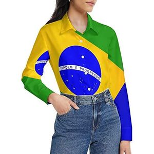 Braziliaanse vlag damesshirt lange mouwen button down blouse casual werk shirts tops S