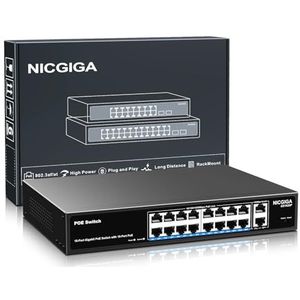 16-poorts Gigabit PoE-switch onbeheerd, 16-poorts PoE+ bij 250 W, 2 Gigabit uplinkpoorten, NICGIGA 18-poorts Gigabit netwerk-Power over Ethernet-switch, VLAN-modus, 19 inch rackmount, plug-and-play.