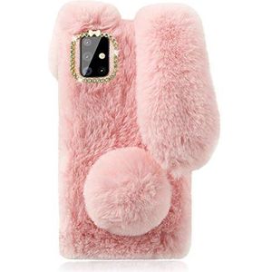 Mikikit Roze pluche konijntje harige telefoonhoes voor Samsung Galaxy A51, schattig knuffeldier pluche pluizig hoesje voor meisjes cadeau, zachte gezellige faux konijnenbont beschermhoes voor Galaxy