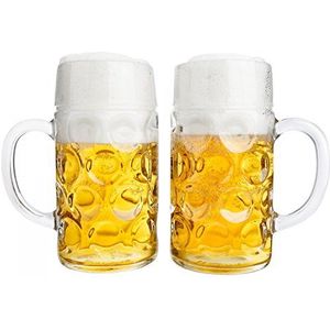 Van Well set of 2 beer mugs, calibrated to 1 l measure, large glass beer tankards with handles, dishwasher safe, perfect for catering
