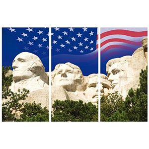 1art1 USA Poster Kunstdruk Op Canvas Mount Rushmore National Memorial, USA Flag, 3 Parts Muurschildering Print XXL Op Brancard | Afbeelding Affiche 180x120 cm