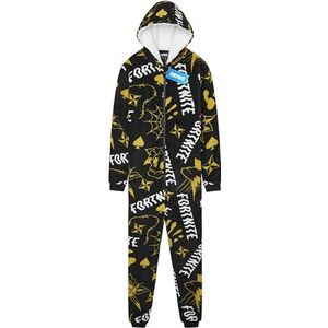 Fortnite Pyjama voor kinderen, jongeren, nachtkleding met ritssluiting, fleece pyjama met capuchon, all-in-one cadeaus voor kinderen, Zwart/Geel, 7-8 jaar