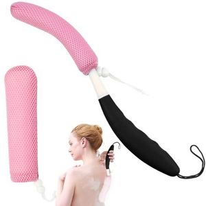 KkaFFe 15,4 inch rugbadborstel met spons, rugscrubber badgaas met gebogen lange steel bad lichaamsborstel voor ouderen hulp baden en douche