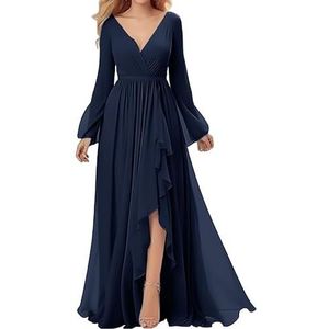 KURFACE Dames V-hals chiffon bruidsmeisjes jurken met split lange mouwen formele jurk vloerlengte bruiloft feestjurk, Donkerblauw, 32