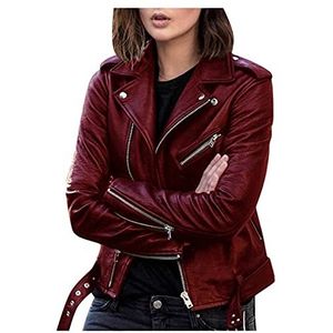 Dames herfst winter leren jas faux leren jas dames leren jas bikerjack met rits (Color : Red, Size : XXL)