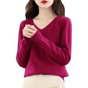 Dames kasjmier trui V-hals basic gebreide trui grote maat top, Bordeaux, M