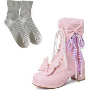 Dames Veterlaarzen Met Strik + Ruche Gothic Platform Enkellaarzen PU Leren Enkellaarzen Met Blokhak Lolita Cosplay Korte Laarzen Vrijetijds Enkelschoenen for Outdoor, Feest(Pink,37 EU)