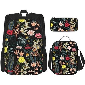 DOFFO Kleurrijke Boho Bloemenprint Rugzak Set, Reizen Laptop Rugzak Voor Vrouwen Mannen Casual Boekentas Met Lunch Tas Potlood Pouch 3 Stks, Zwart, One Size, Zwart, Eén maat