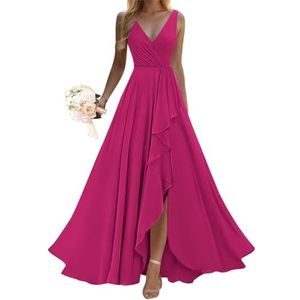 SAMHO Jurken voor dames, V-hals, bruidsmeisjes, met split, lange ruches, formele jurk voor bruiloft, roze (hot pink), 54
