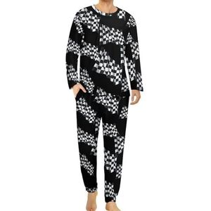 Zwart-wit geruite racevlag heren pyjama set lounge wear lange mouw top en onderkant 2 stuk nachtkleding