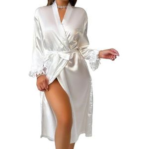 HGKPFGTG Satijnen Kamerjas en Nachtjaponset voor Vrouwen Sexy 2-delige Lingerie Bloemenversiering Nachtkleding Kimono Kamerjas V-hals Cami Set,Wit,L