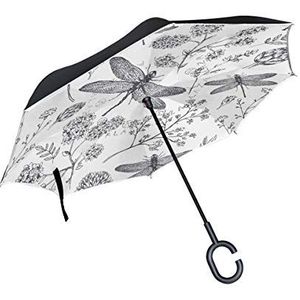 RXYY Winddicht Dubbellaags Vouwen Omgekeerde Paraplu Tropische Bloemen Libelle Patroon Waterdicht Reverse Paraplu voor Regenbescherming Auto Reizen Outdoor Mannen Vrouwen