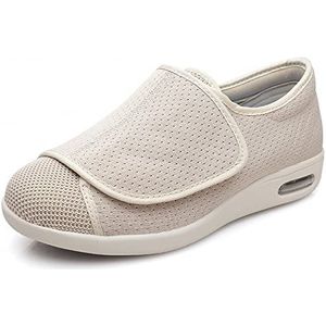 Diabetische schoenen voor dames, sneakers met verstelbare sluiting, brede wandelschoenen lichtgewicht schoenen voor ouderen Hammertoe artritis eeltknobbels gezwollen voeten,beige,44.5 EU